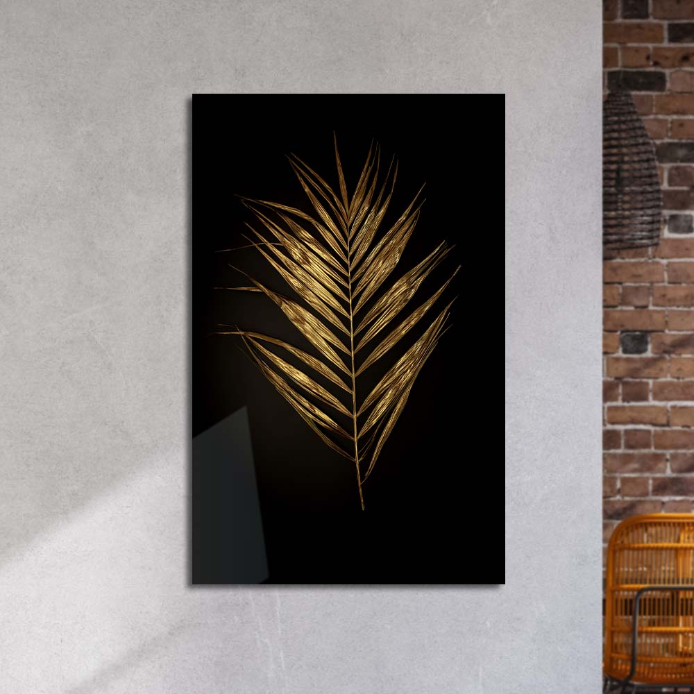 Golden Leaf on a Black Background Glass Wall Art