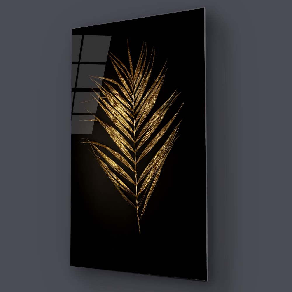 Golden Leaf on a Black Background Glass Wall Art