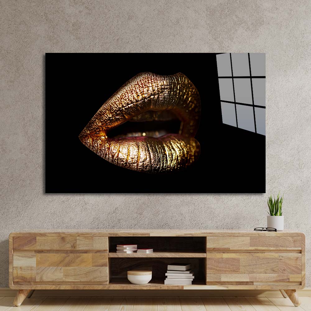Golden Lips Glass Wall Art