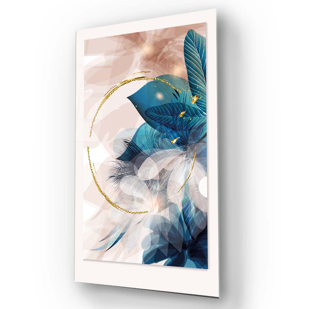 Golden Painted Circle with Turquoise Leaves Glass Wall Art