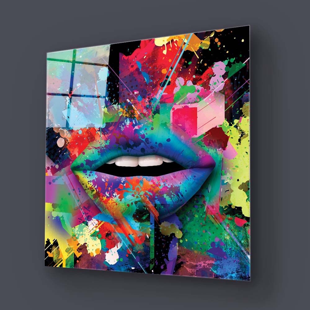 Graffiti Coloured Lips Glass Wall Art