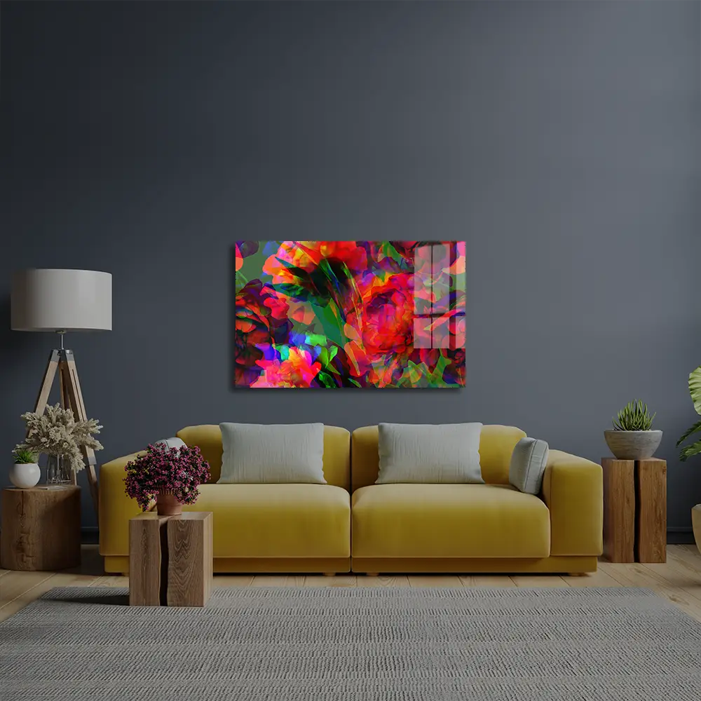 Graphic Floral Seamless Pattern Pink Red Peonies Glass Wall Art