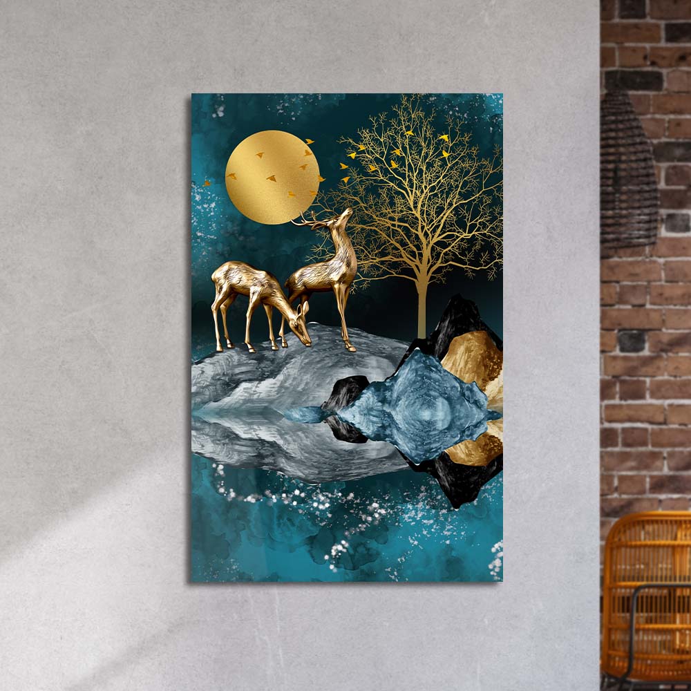 Grazing Golden Deer Glass Wall Art