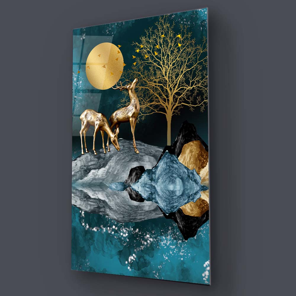 Grazing Golden Deer Glass Wall Art