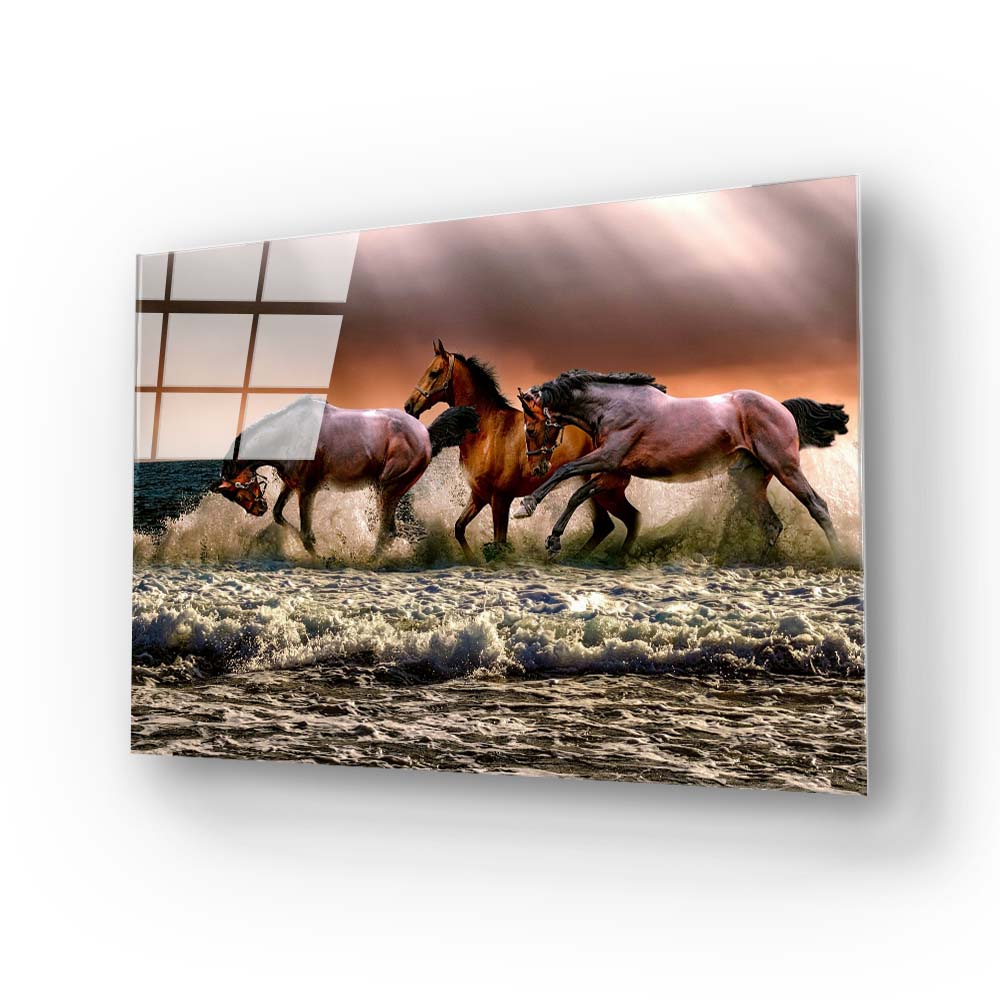Horse Running Through Water Glass Wall Art
