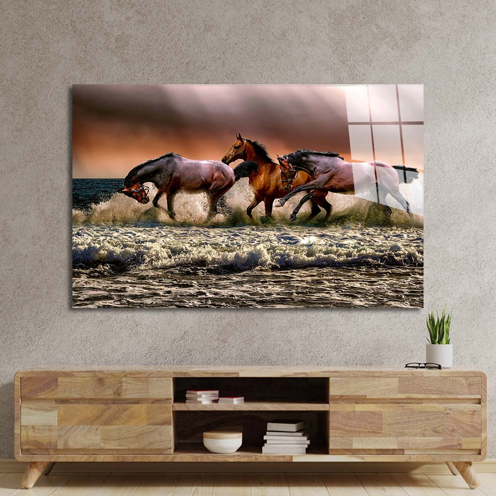 Horse Running Through Water Glass Wall Art
