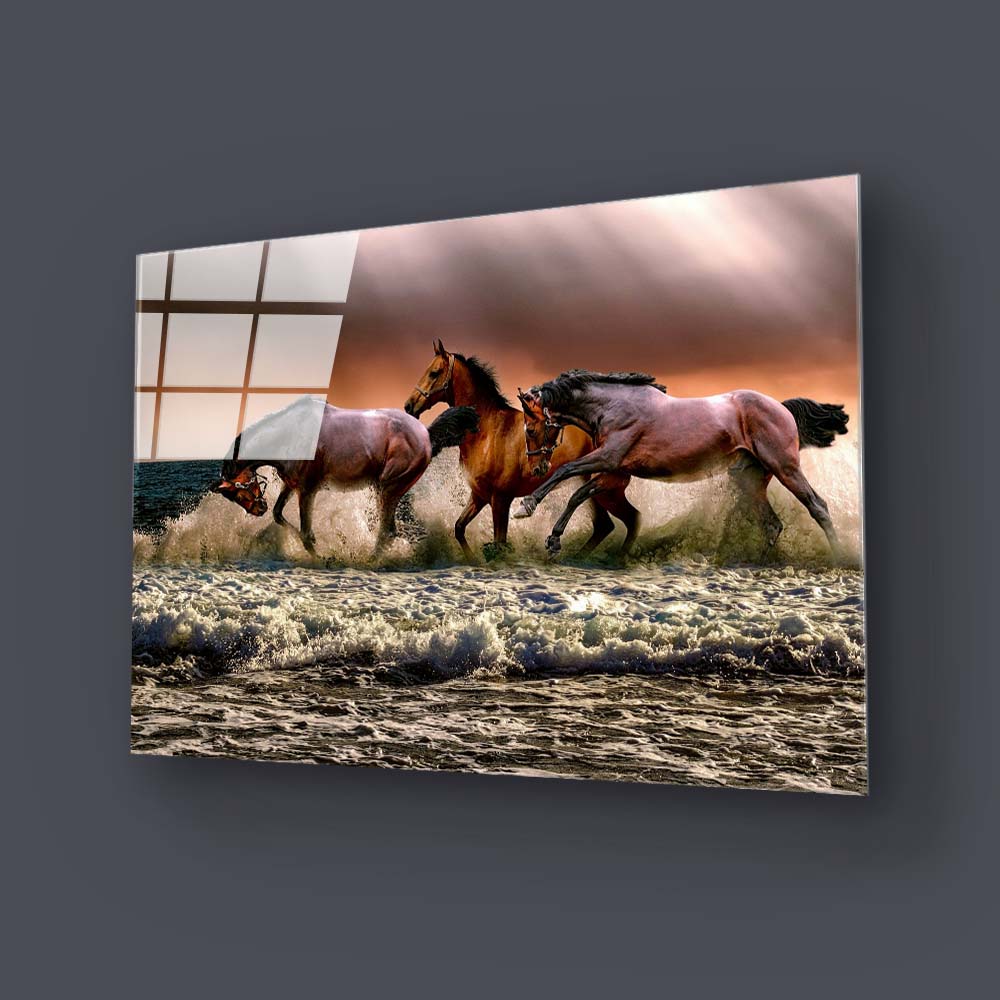 Horse Running Through Water Glass Wall Art