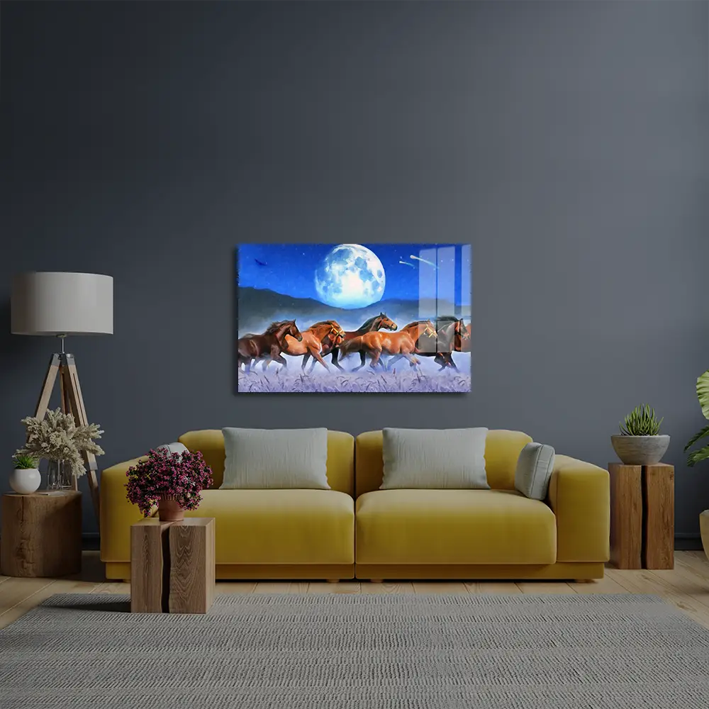 Horses Wheat Moon Glass Wall Art