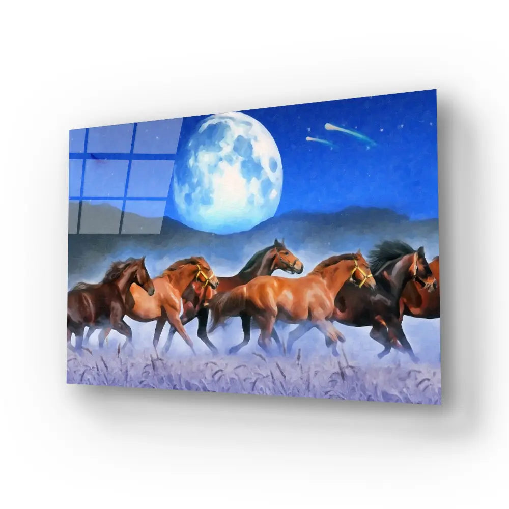 Horses Wheat Moon Glass Wall Art