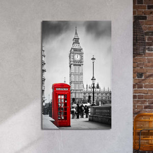 Iconic Red Telephone Booth and Big Ben Glass Wall Art