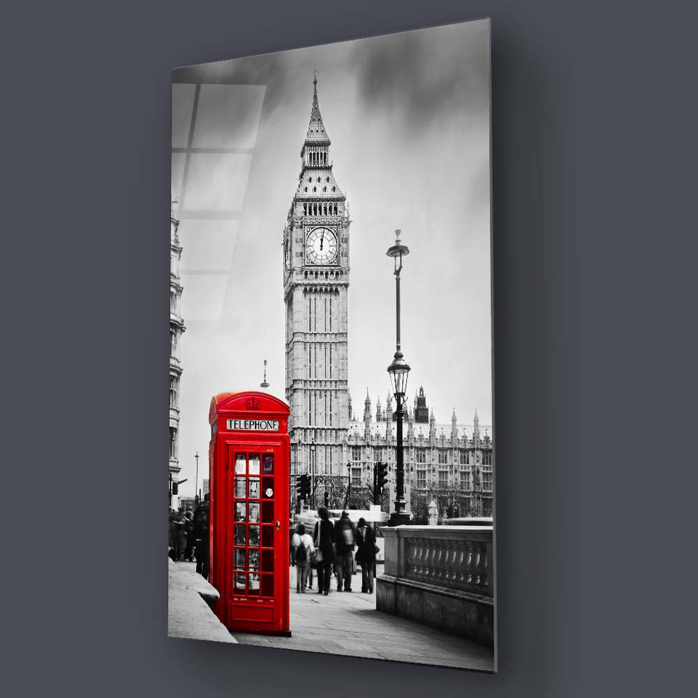 Iconic Red Telephone Booth and Big Ben Glass Wall Art