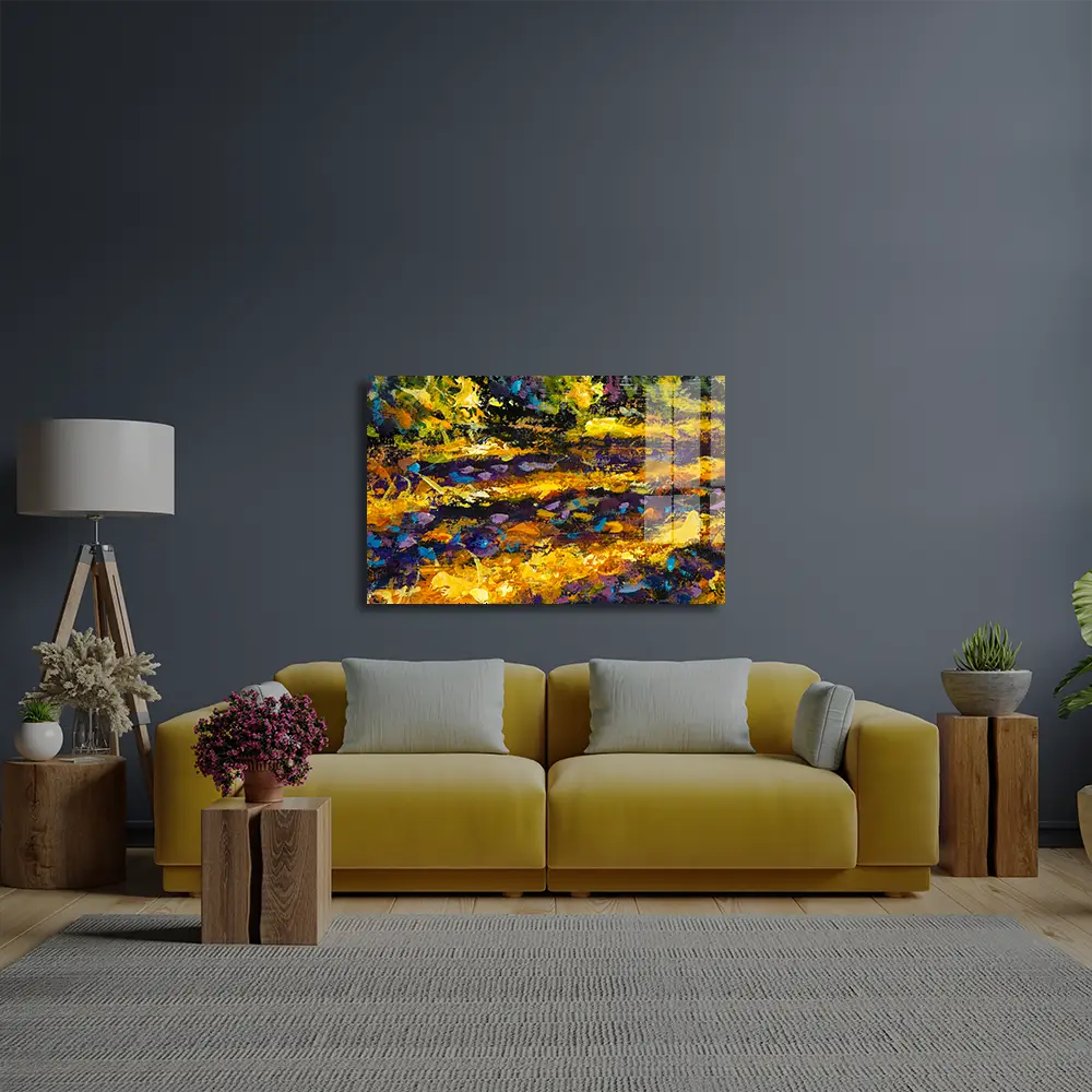 Impressionism Close Up Painting Sunny Autumn Road Glass Wall Art