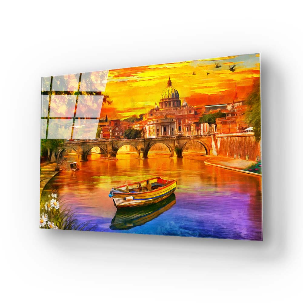 India Taj Mahal Sunset Painting Glass Wall Art