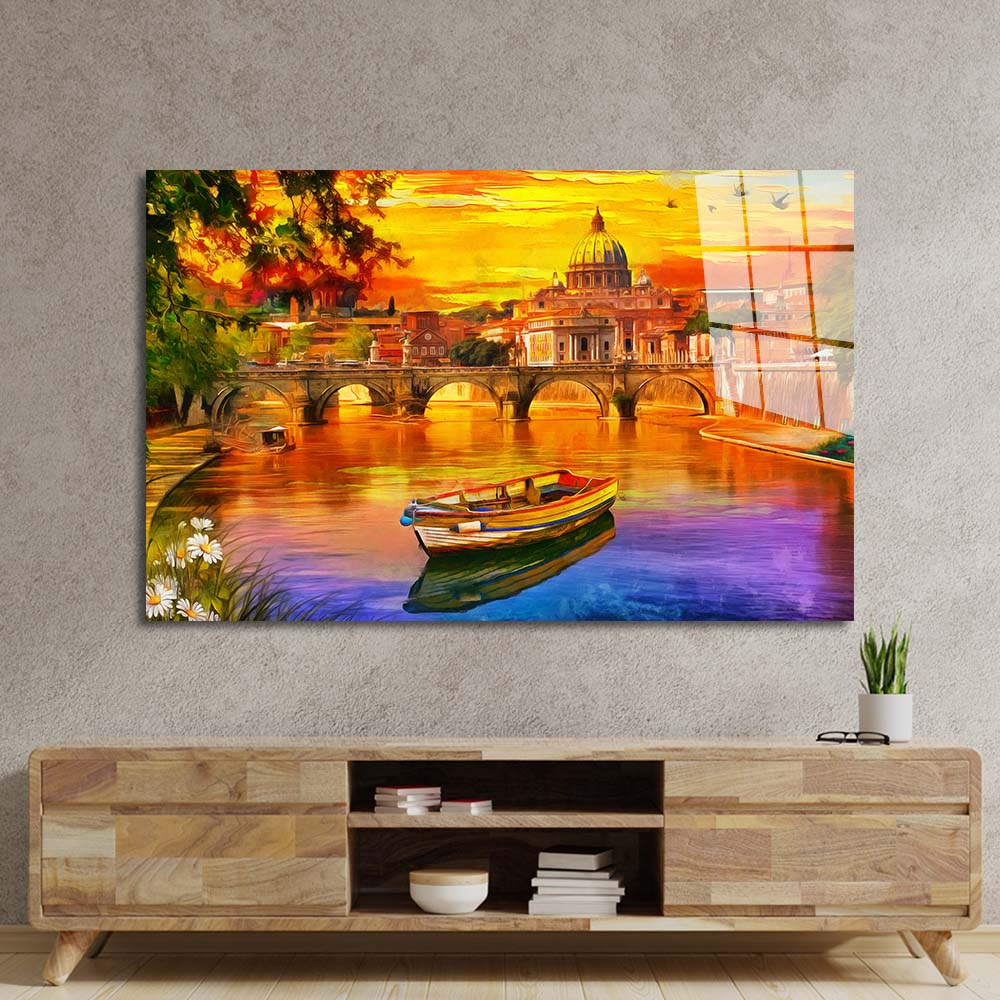 India Taj Mahal Sunset Painting Glass Wall Art