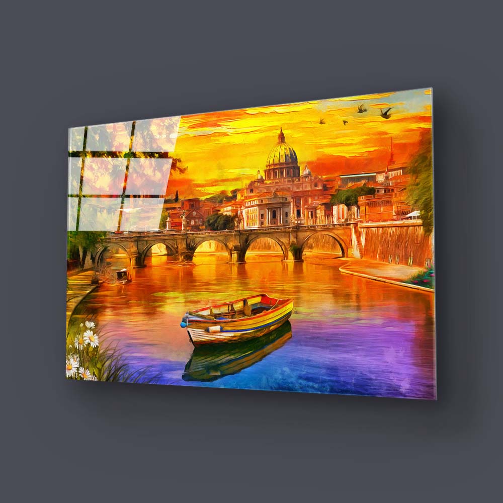 India Taj Mahal Sunset Painting Glass Wall Art