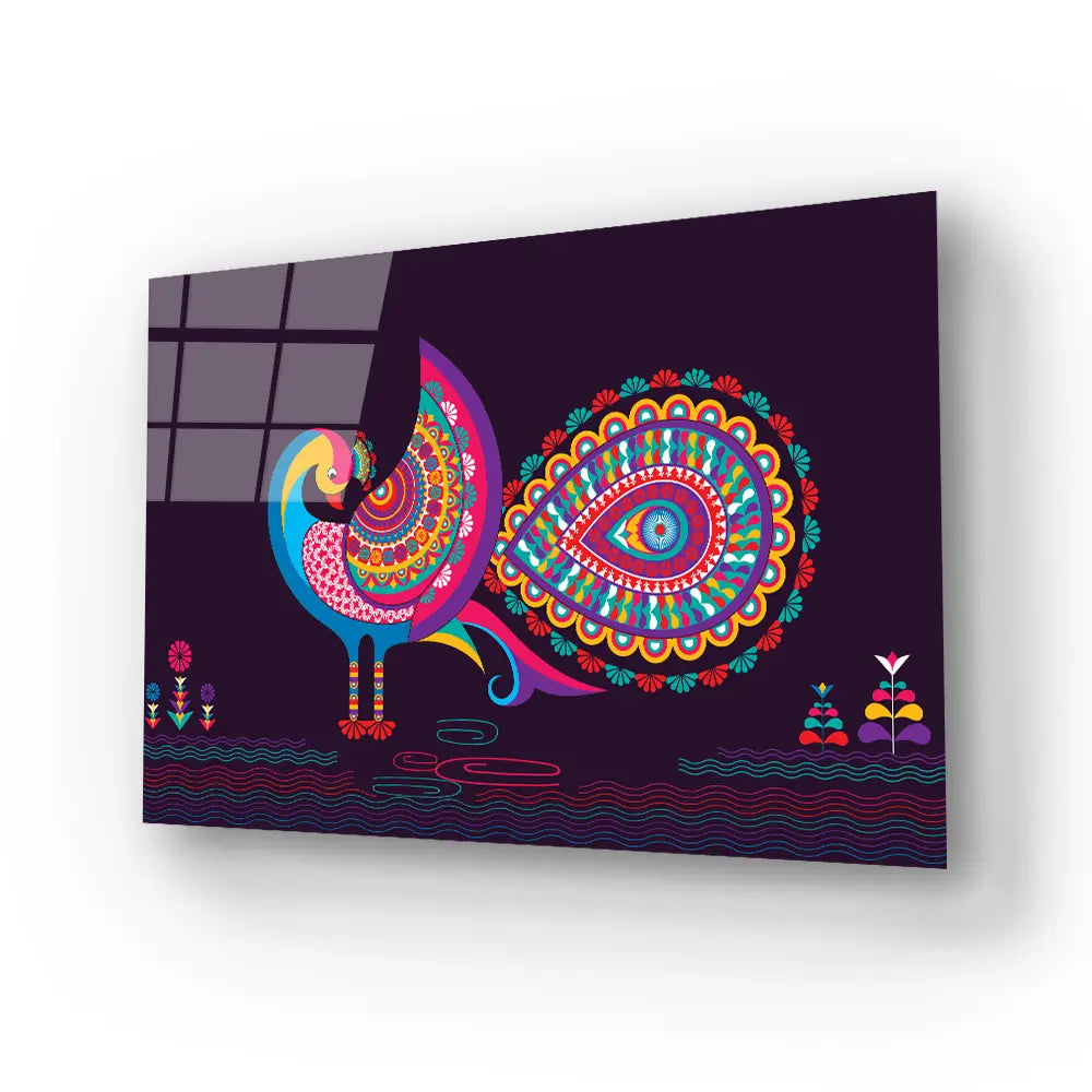 Indian Embroidery Peacocks Tropical Birds Seamless Glass Wall Art