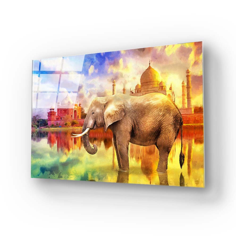 Indian Elephant and the Taj Mahal Glass Wall Art