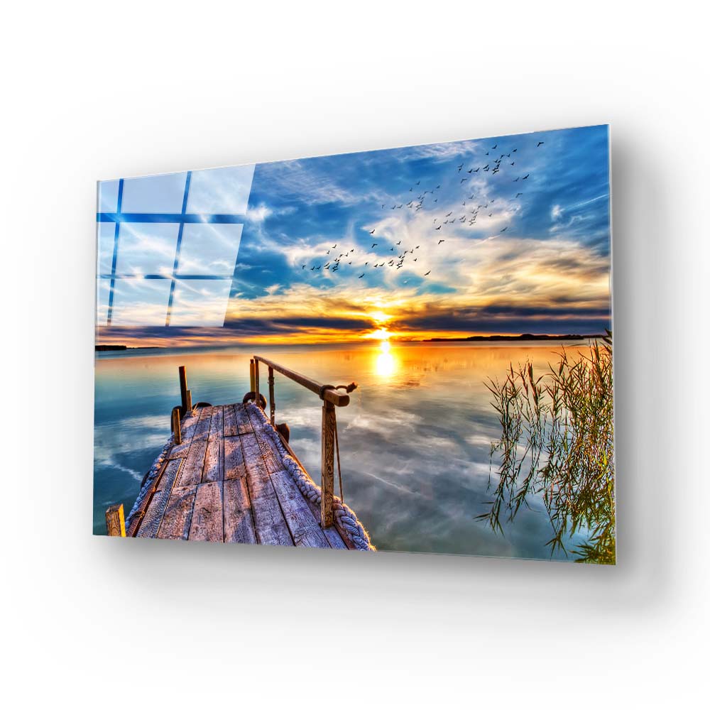 Lake Dock During Sunset Glass Wall Art