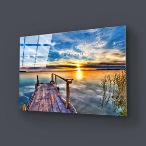 Lake Dock During Sunset Glass Wall Art