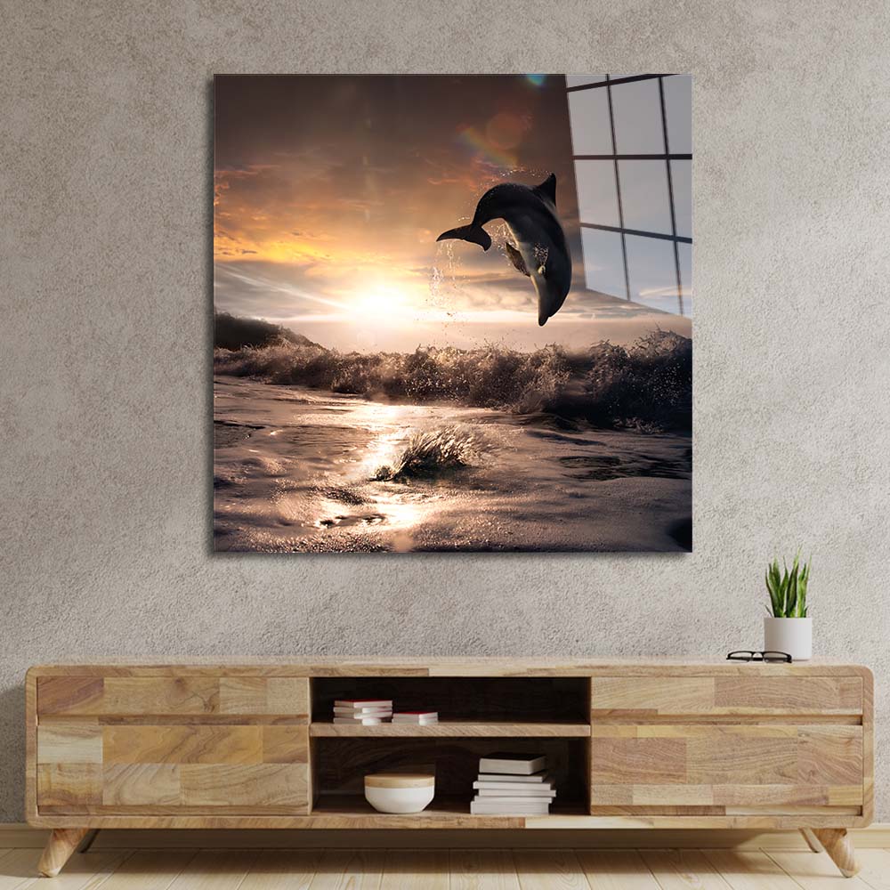 Leaping Dolphin Classic Glass Wall Art