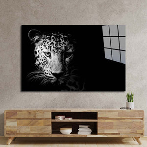 Leopard Head in Spotlight Black and White Glass Wall Art