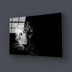 Leopard Head in Spotlight Black and White Glass Wall Art