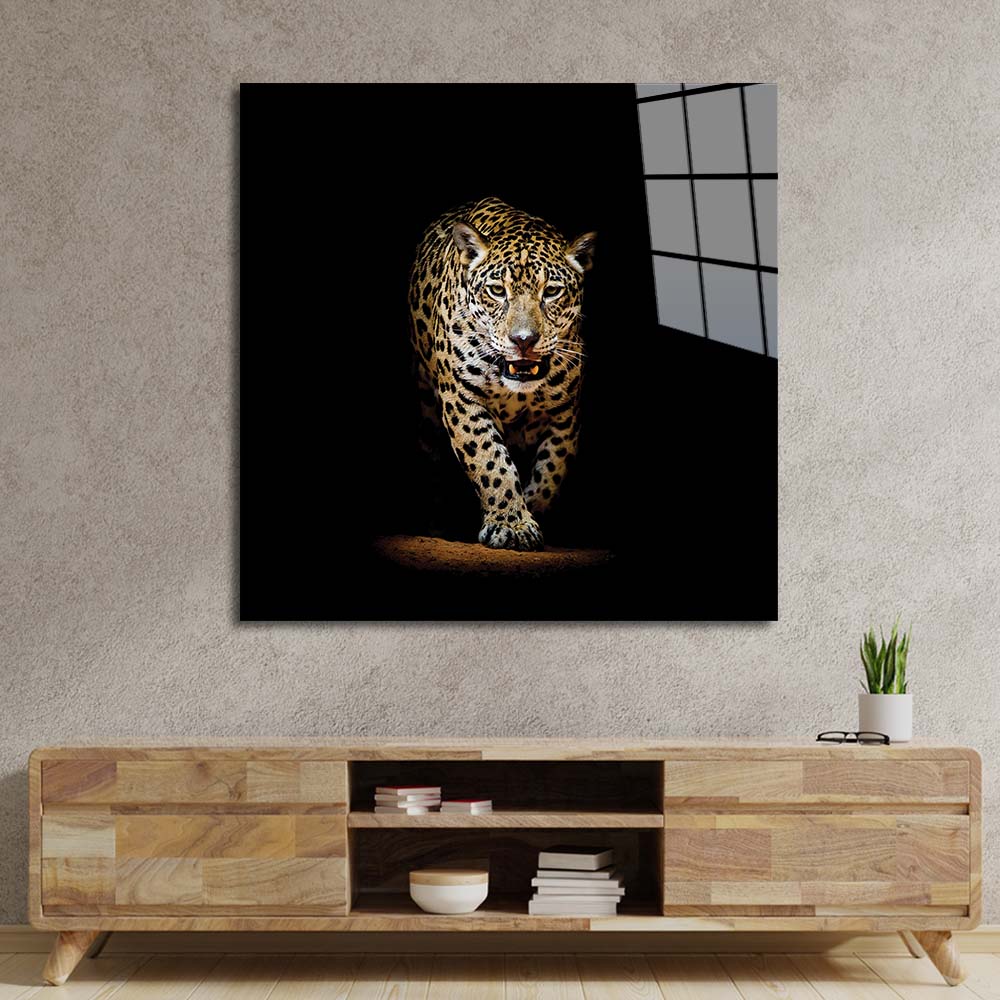 Leopard in Spotlight Glass Wall Art