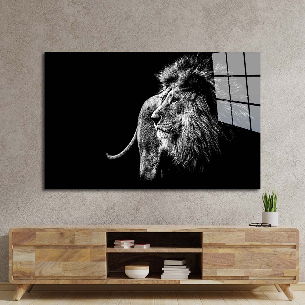 Lion Black and White Photo Glass Wall Art