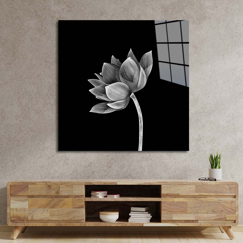 Lotus Black & White Glass Wall Art