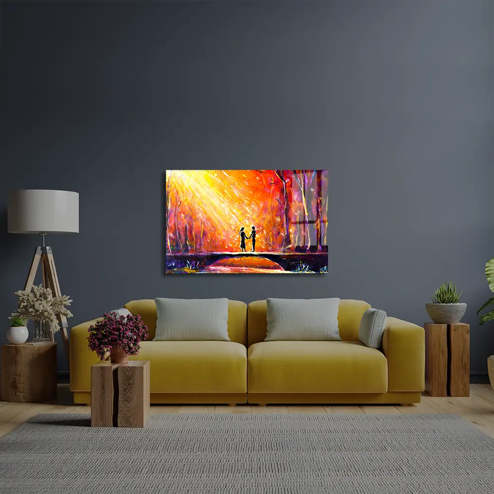 Lovers Bridge Woods Night Romantic Rays Lovers Glass Wall Art