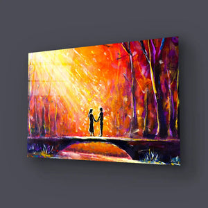 Lovers Bridge Woods Night Romantic Rays Lovers Glass Wall Art