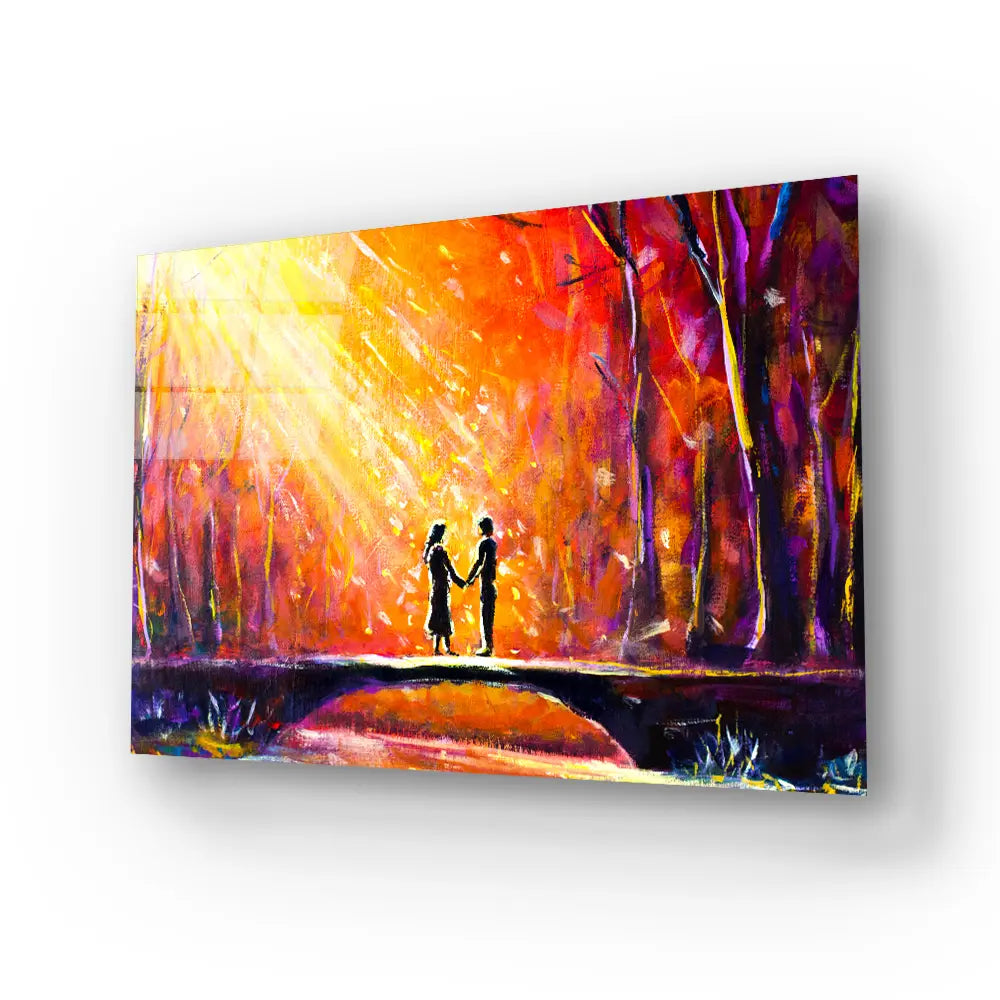 Lovers Bridge Woods Night Romantic Rays Lovers Glass Wall Art