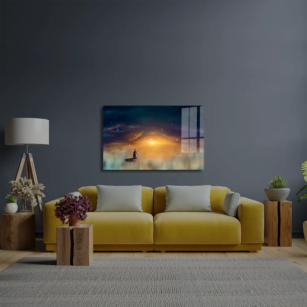 Man Cowl Magician Floating Ship Clouds Sunset Sky Stars Glass Wall Art