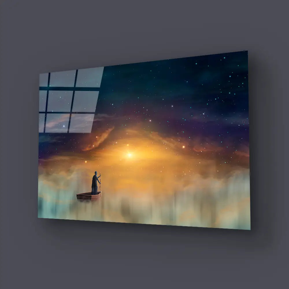 Man Cowl Magician Floating Ship Clouds Sunset Sky Stars Glass Wall Art