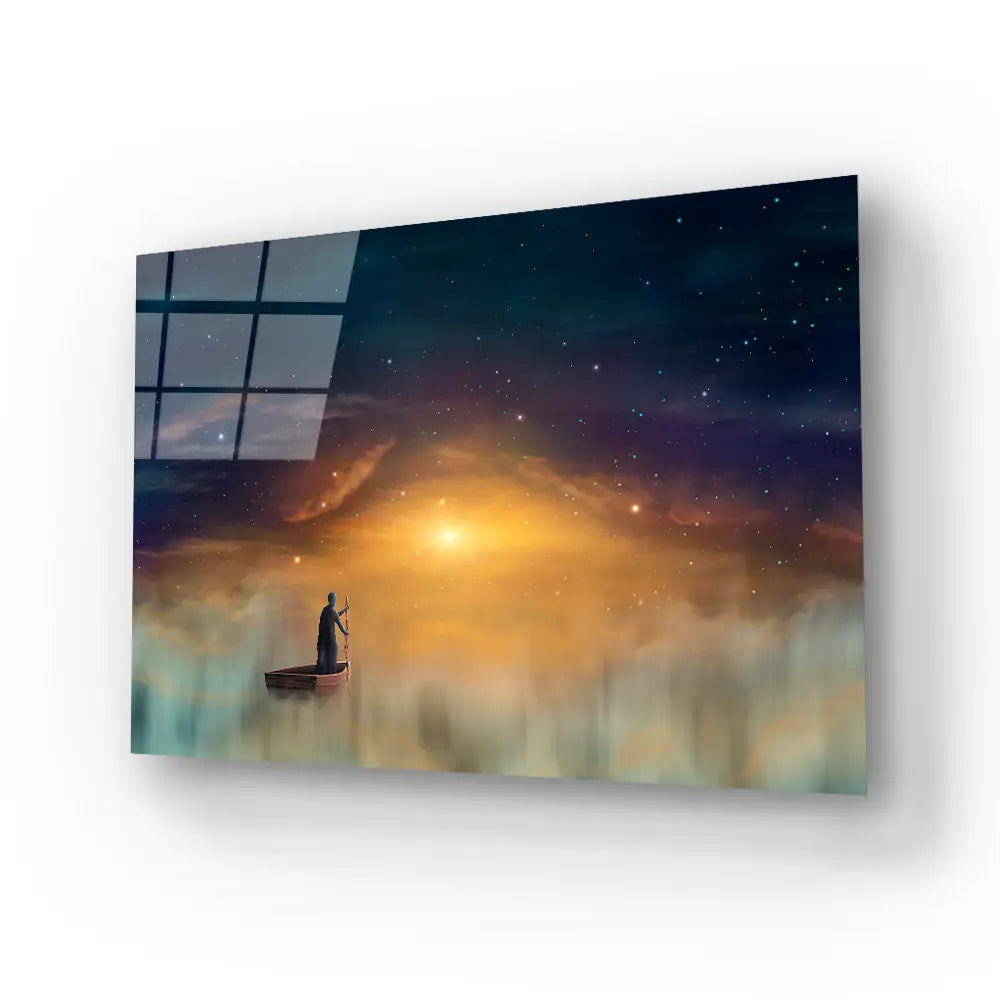 Man Cowl Magician Floating Ship Clouds Sunset Sky Stars Glass Wall Art