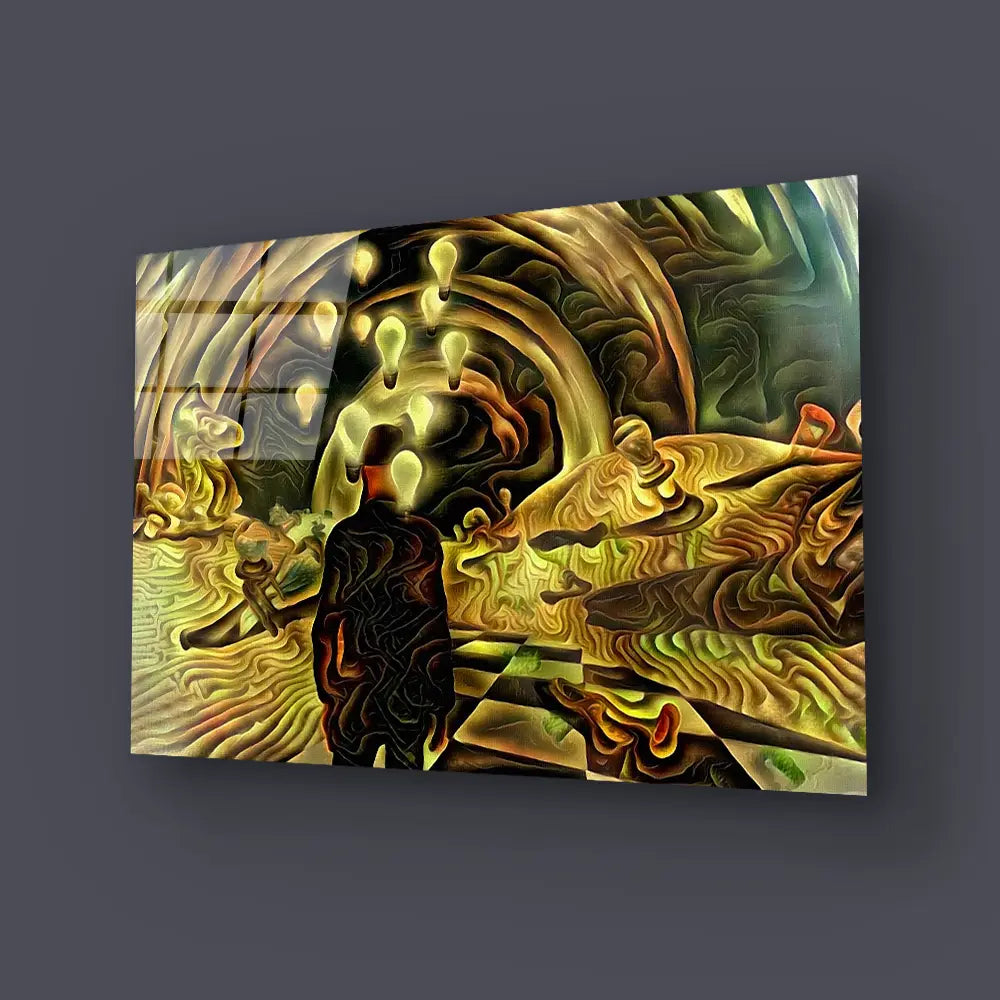 Man Surreal Desert Chess Pieces Glass Wall Art