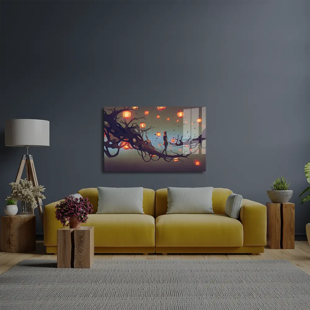 Man Walking Tree Branch Many Red Lanterns Glass Wall Art