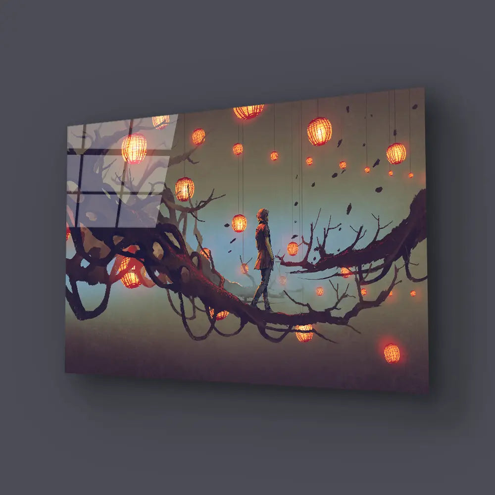 Man Walking Tree Branch Many Red Lanterns Glass Wall Art