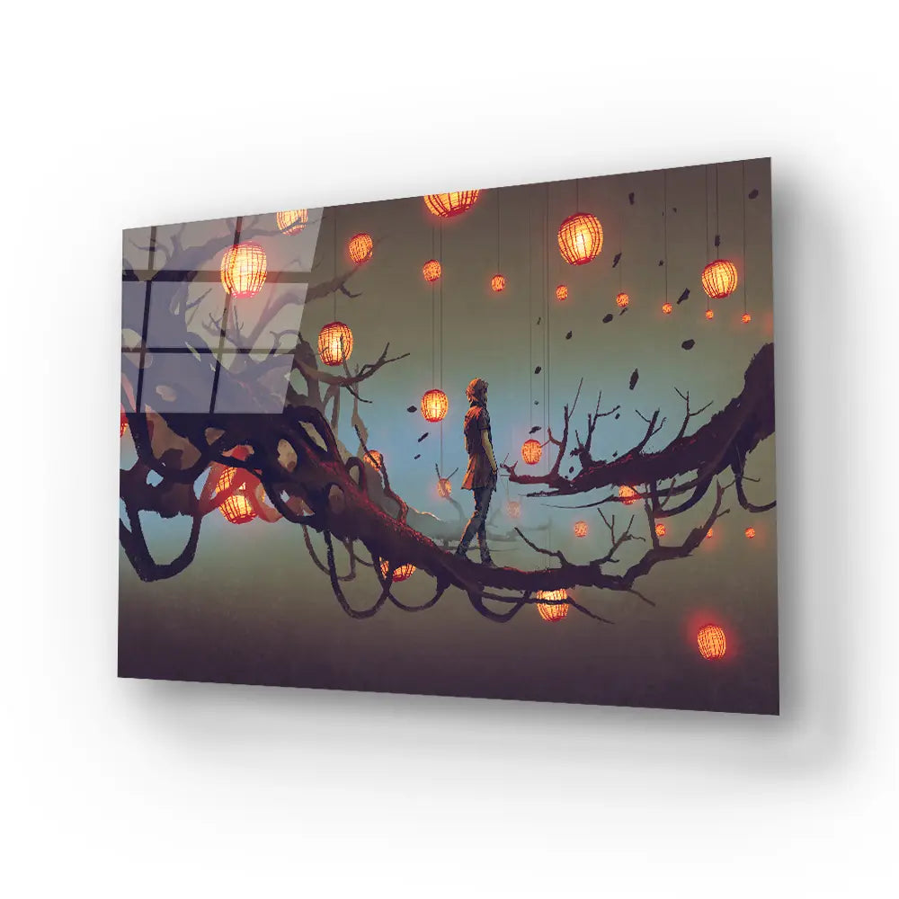 Man Walking Tree Branch Many Red Lanterns Glass Wall Art
