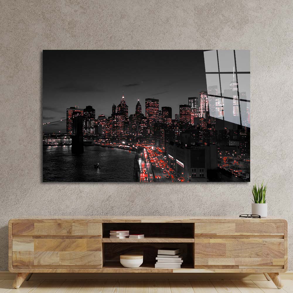Manhattan, New York Night View Glass Wall Art