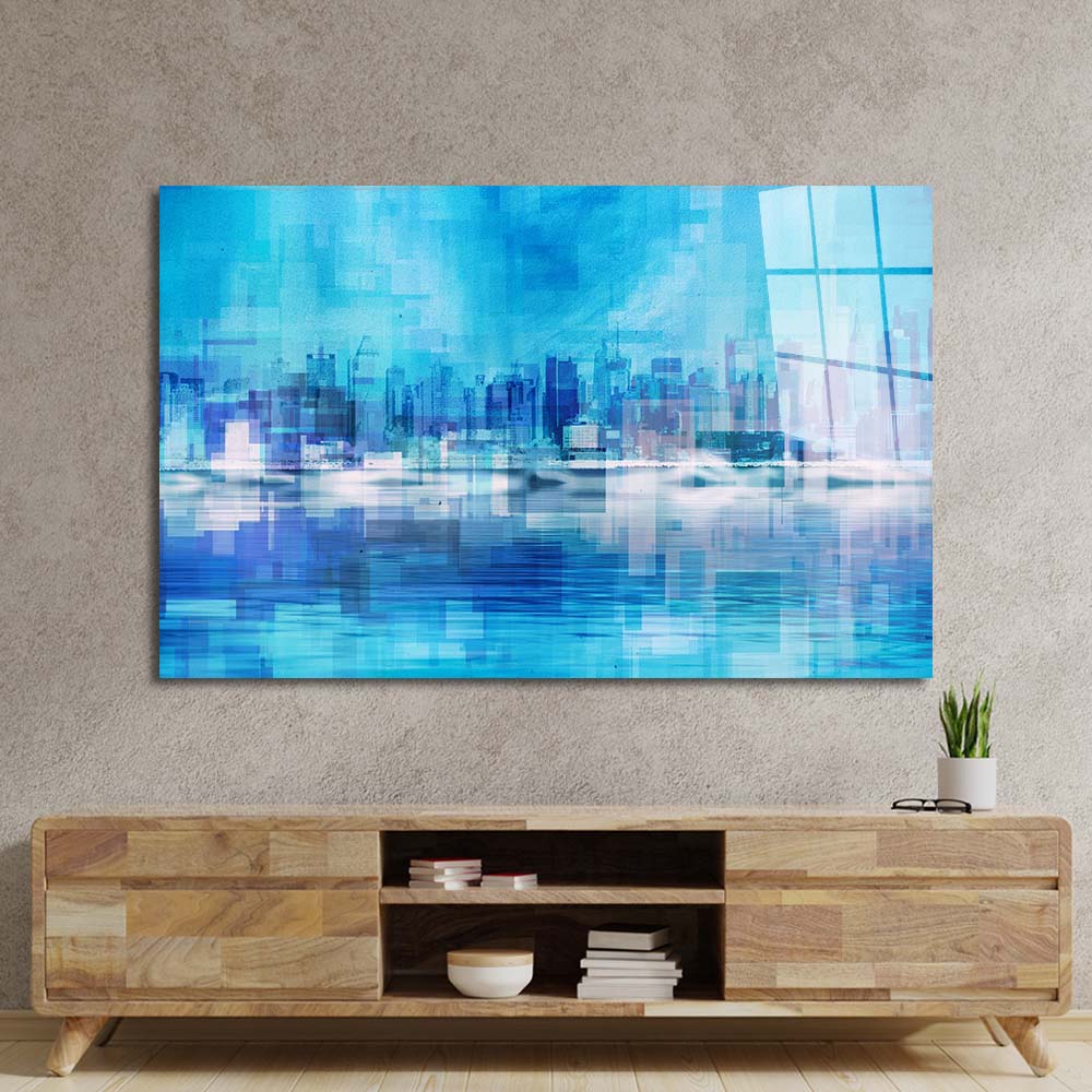 Manhattan, New York in Blue Glass Wall Art
