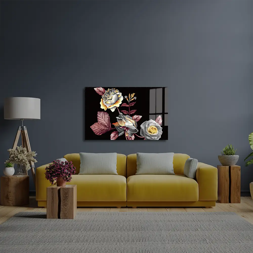 Manual Ornament Watercolor Flowers Roses Floral Texture Glass Wall Art