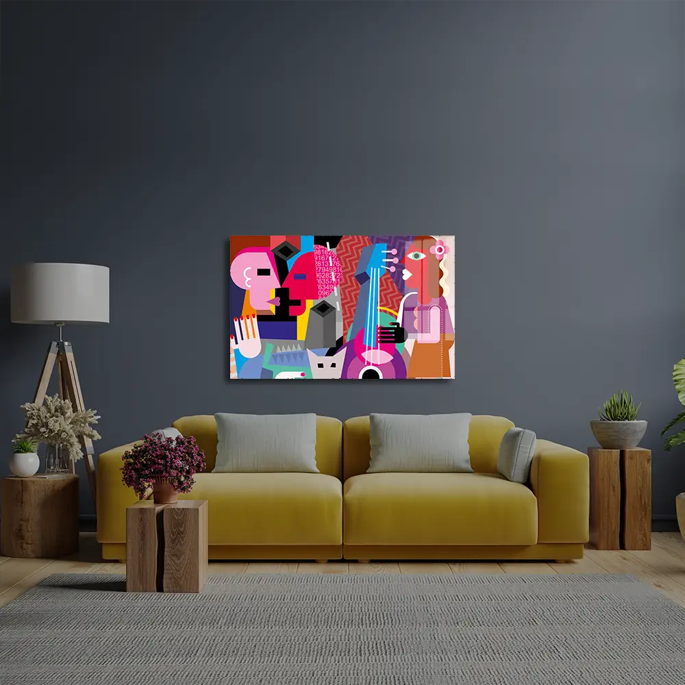 Modern Abstract Art Painting Persons Different Geometric Shapes Love Music Glass Wall Art