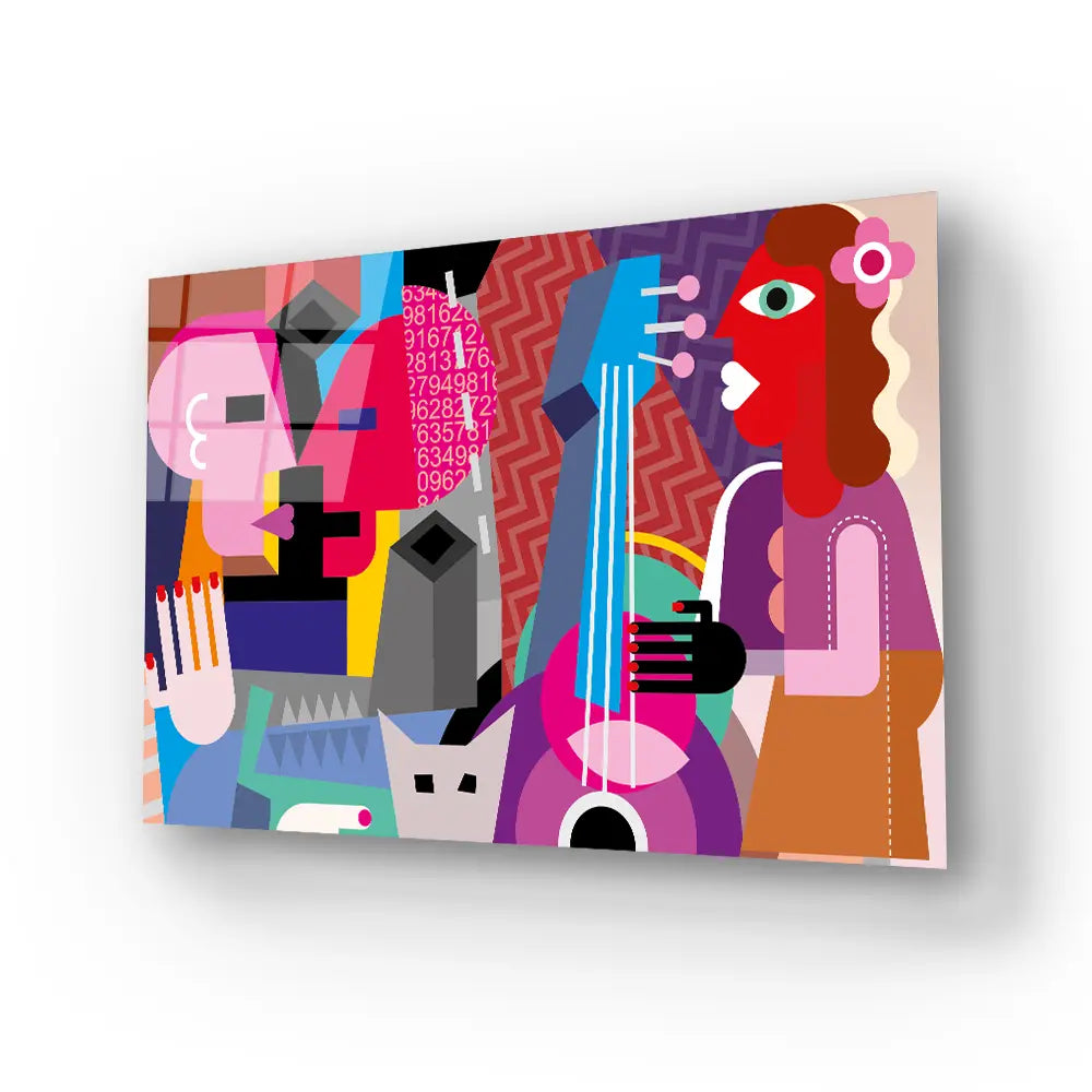 Modern Abstract Art Painting Persons Different Geometric Shapes Love Music Glass Wall Art