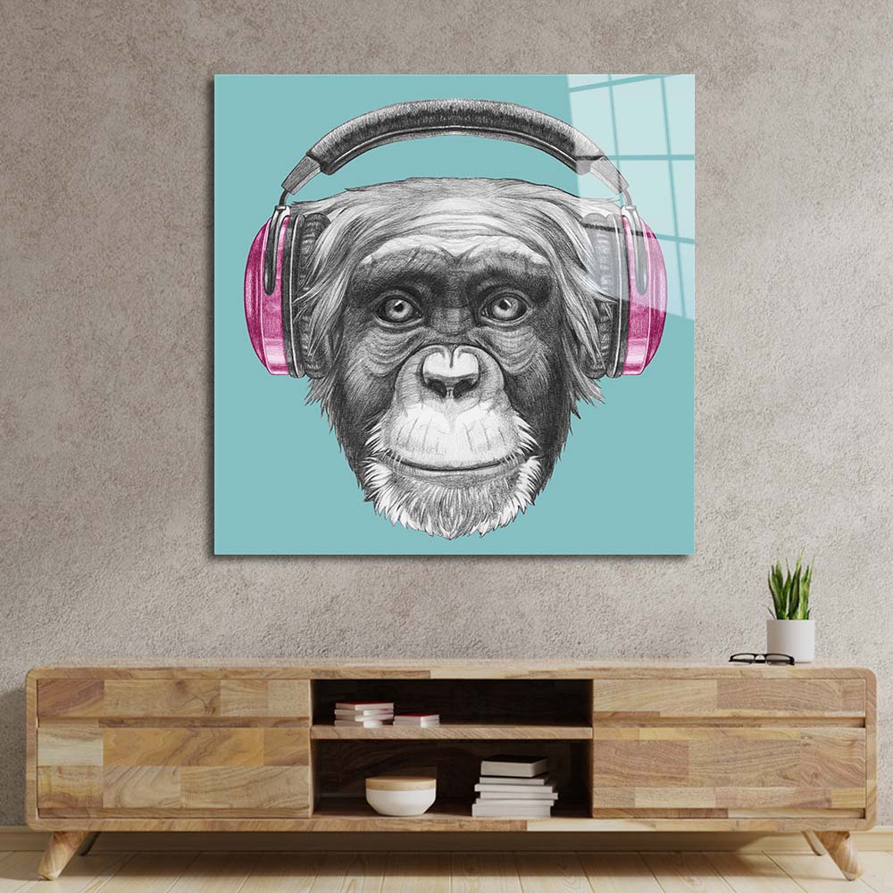 Monkey with Headphones Illustration Glass Wall Art