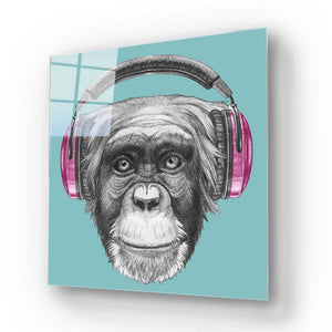 Monkey with Headphones Illustration Glass Wall Art