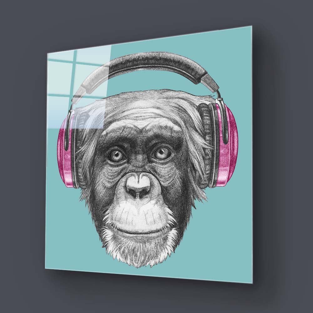 Monkey with Headphones Illustration Glass Wall Art