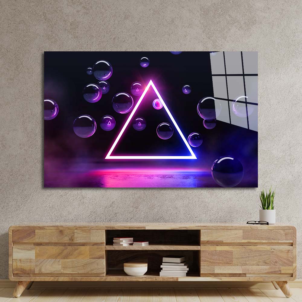 Neon Triangle with Floating Bubbles Glass Wall Art