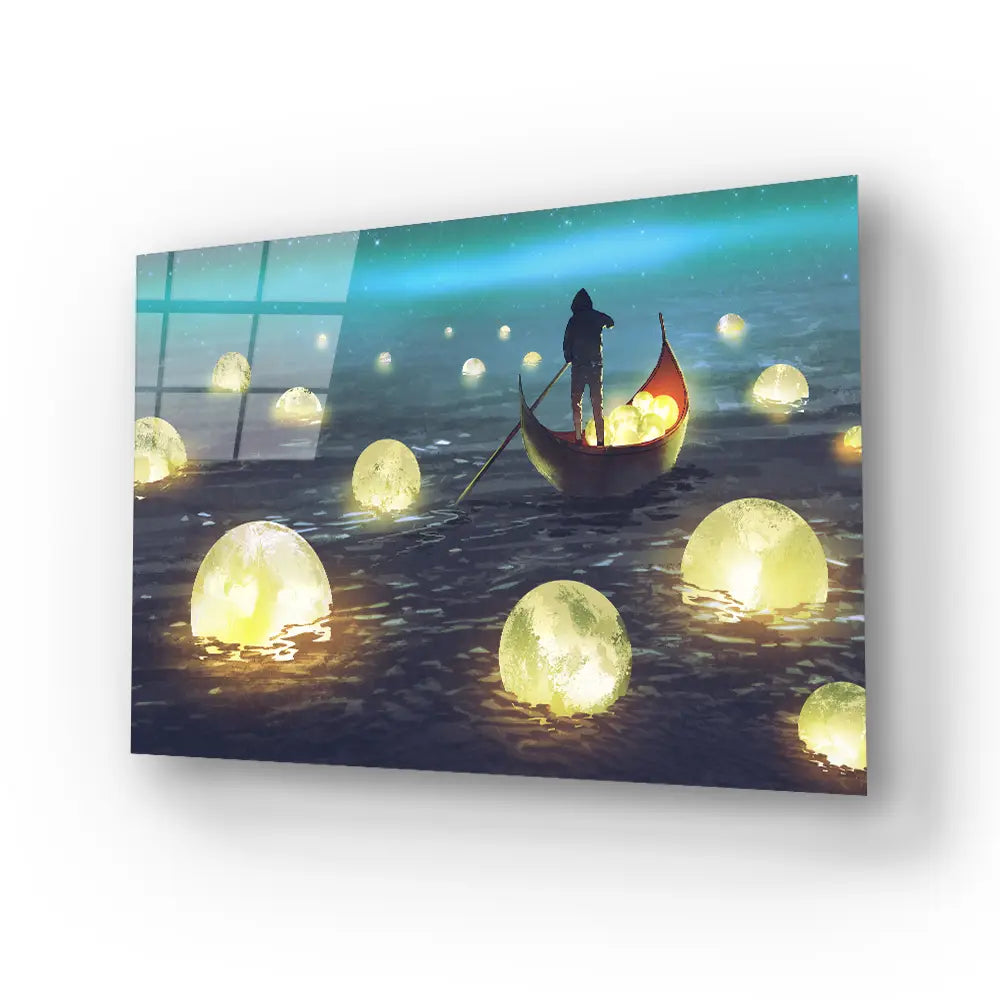 Night Scenery Man Rowing Boat Among Many Glowing Moons Floating Sea Glass Wall Art