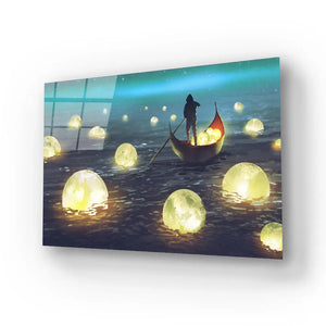 Night Scenery Man Rowing Boat Among Many Glowing Moons Floating Sea Glass Wall Art